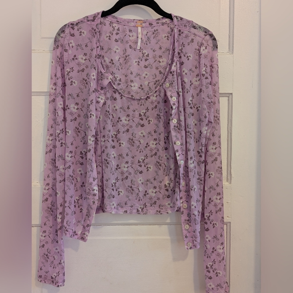 Free People Twosie for One Floral Mesh Tank & Cardigan Set Size Small